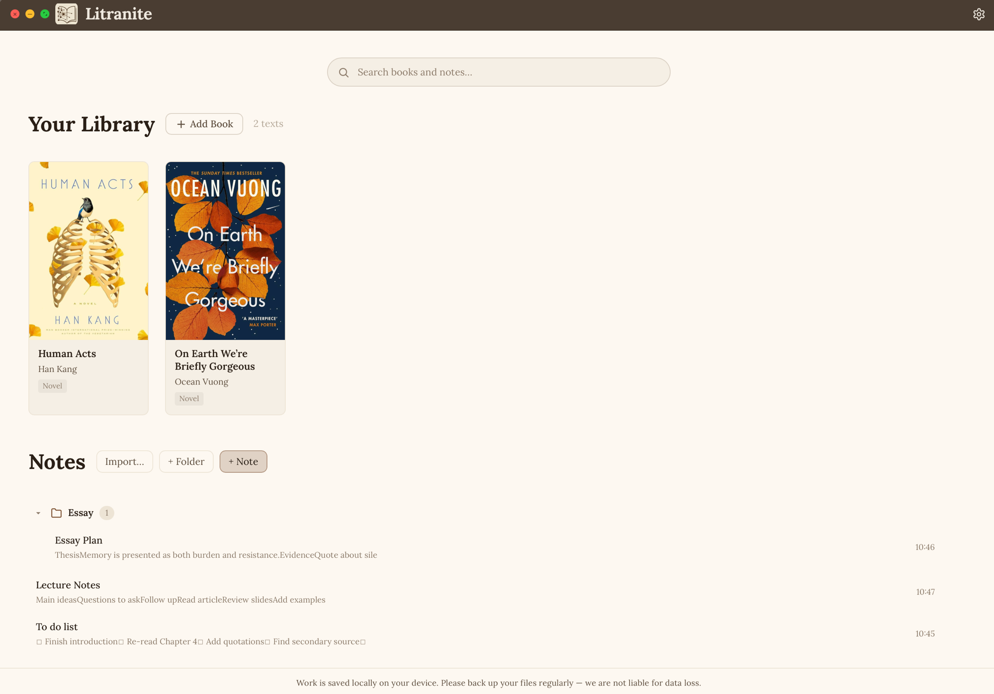 Litranite library with book covers and a list of notes