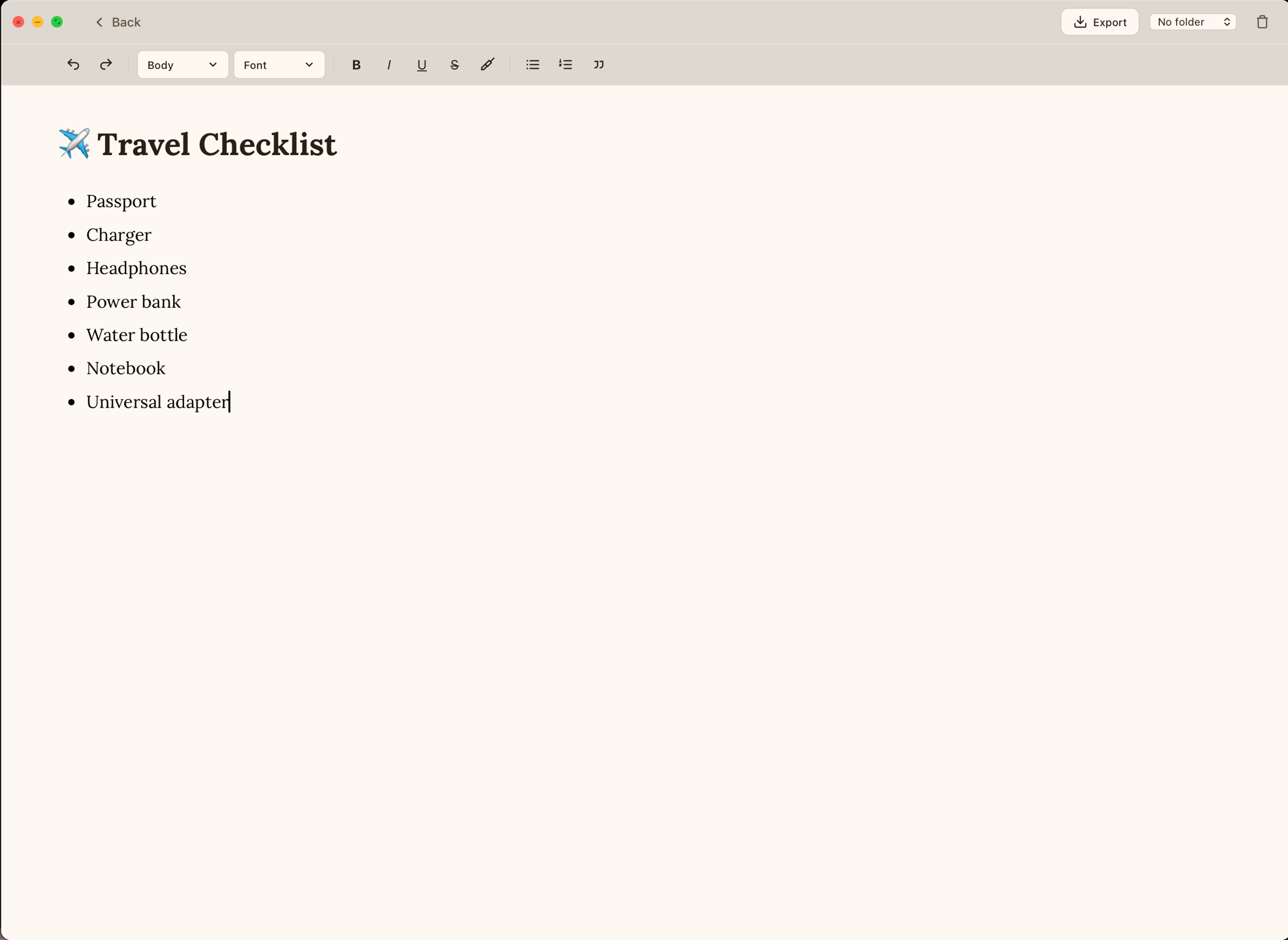 A note in Litranite — a simple travel checklist