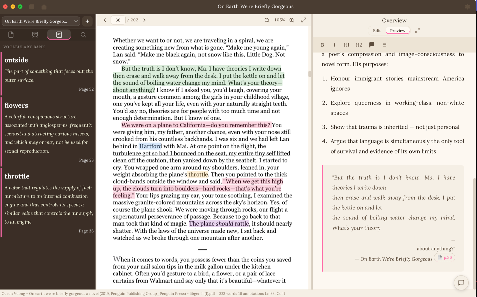 Litranite reading a PDF with colour highlights and a live vocabulary bank