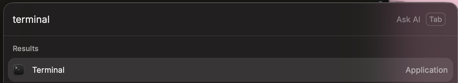 macOS Spotlight search showing the Terminal app